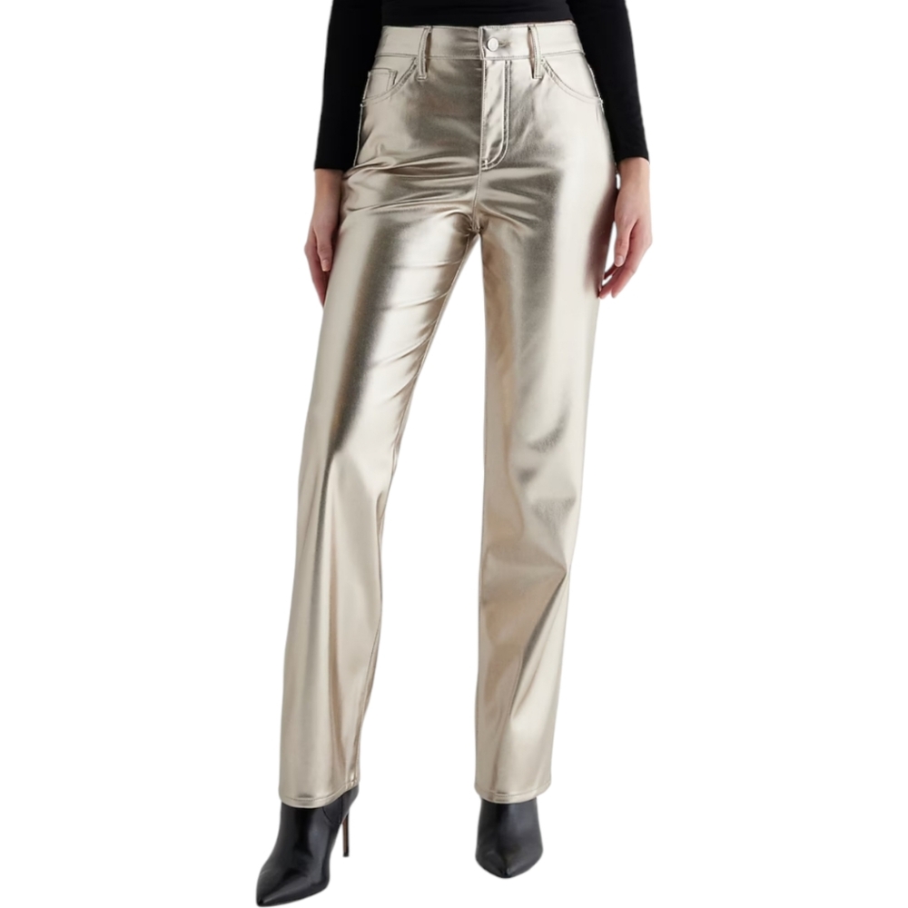 EXPRESS Modern Straight Metalic Gold Faux Leather Womens Pant 12R Mid Rise Vegan - Picture 3 of 5